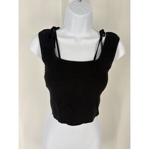 Maeve by Anthropologie Black Ribbed Tie Strap Crop Tank/ Square Neck Knit Top